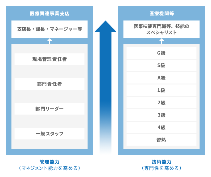 管理能力（マネジメント能力を高める） 医療関連事業支店 一般スタッフ 部門リーダー 部門責任者 現場管理責任者 支店長・課長・マネージャー等 技術能力（専門性を高める） 医療機関等 習熟 4級 3級 2級 1級 A級 S級 G級医事技能専門職等、技能のスペシャリスト